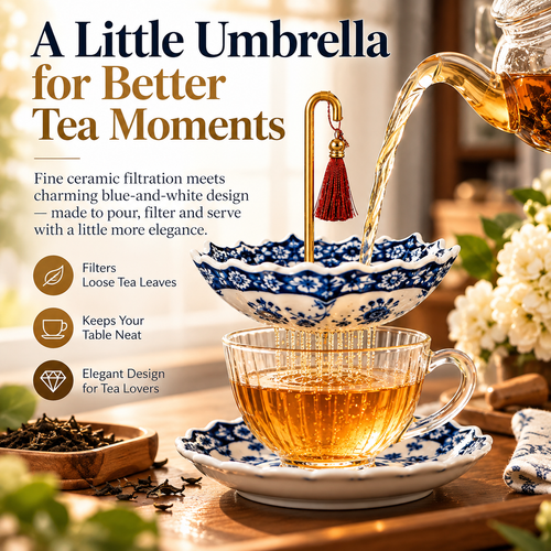 🍵 Ceramic Tea Strainer with Saucer – Blue & White Umbrella Loose Leaf Tea Filter
