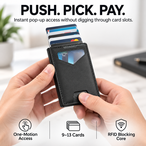 💳 POP-UP CARD WALLET | Slim RFID Blocking Wallet with Quick-Access Aluminum Card Holder & Money Clip