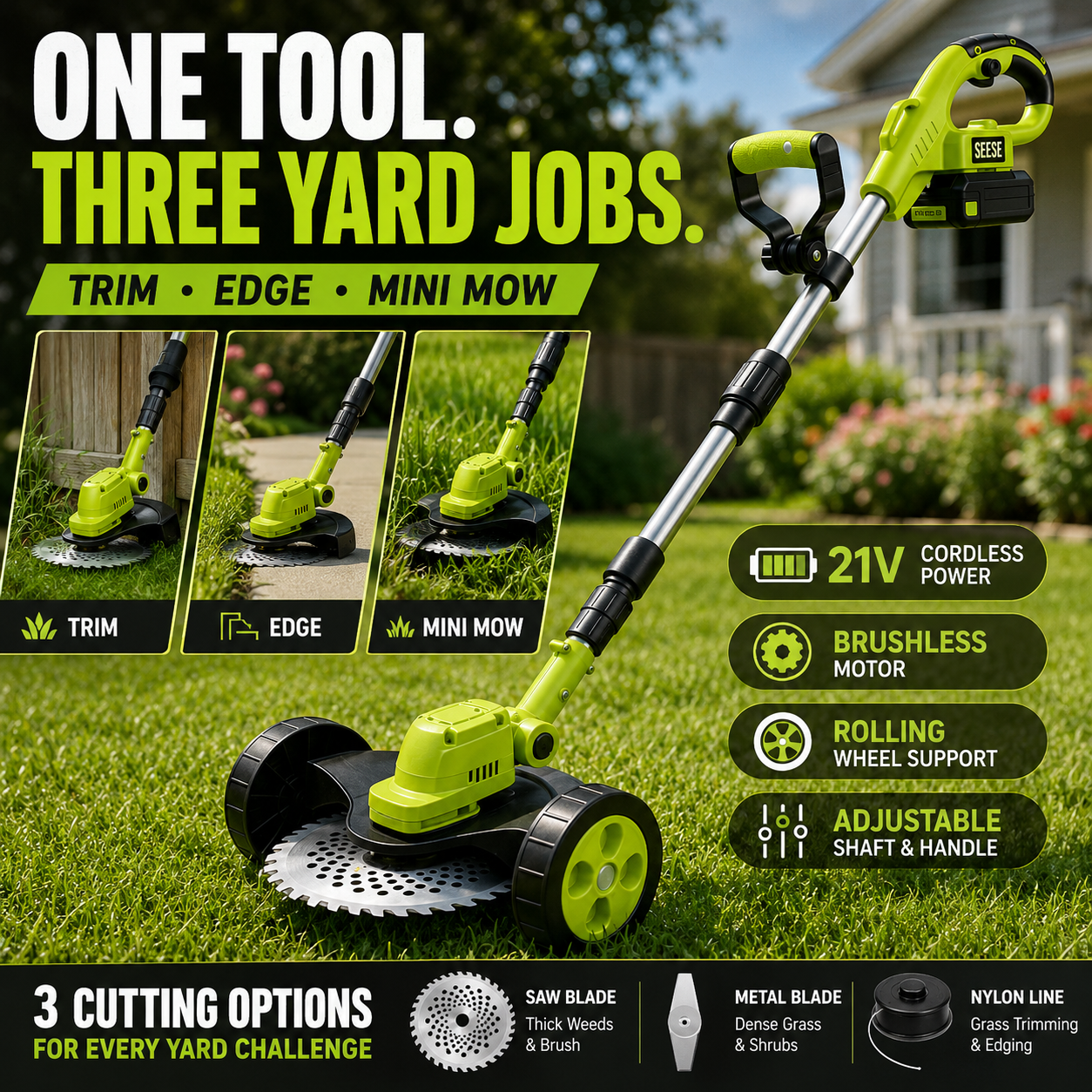 🌿 21V 3-in-1 Cordless Grass Trimmer, Edger & Mini Mower – Complete Yard Kit