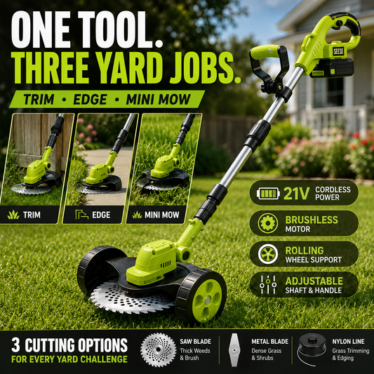 🌿 21V 3-in-1 Cordless Grass Trimmer, Edger & Mini Mower – Complete Yard Kit