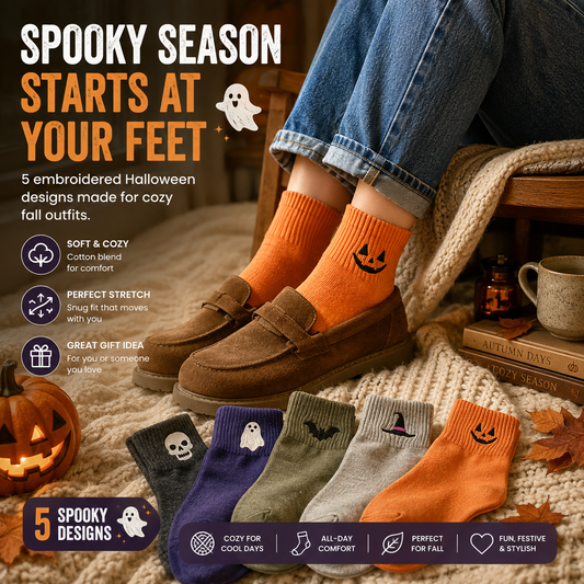 🎁 HALLOWEEN GIFT SALE | 5-Pair Cute Spooky Embroidered Socks