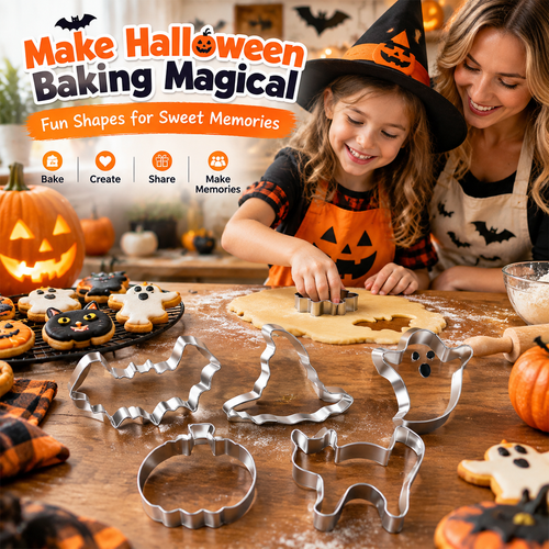 🎃 HOT SALE | 5-Piece Halloween Cookie Cutter Set – Stainless Steel Bat, Pumpkin, Ghost, Cat & Witch Hat Shapes