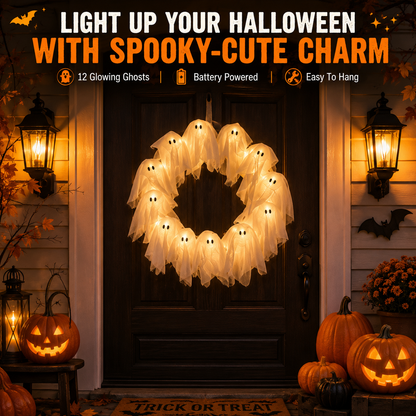 👻 LED Ghost Wreath – 12-Light Halloween Door Decoration