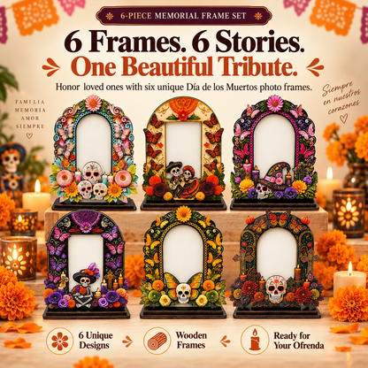 💀 DAY OF THE DEAD DECOR | 6 Wooden Memorial Photo Frames – Colorful Ofrenda Picture Frame Set with Floral Details