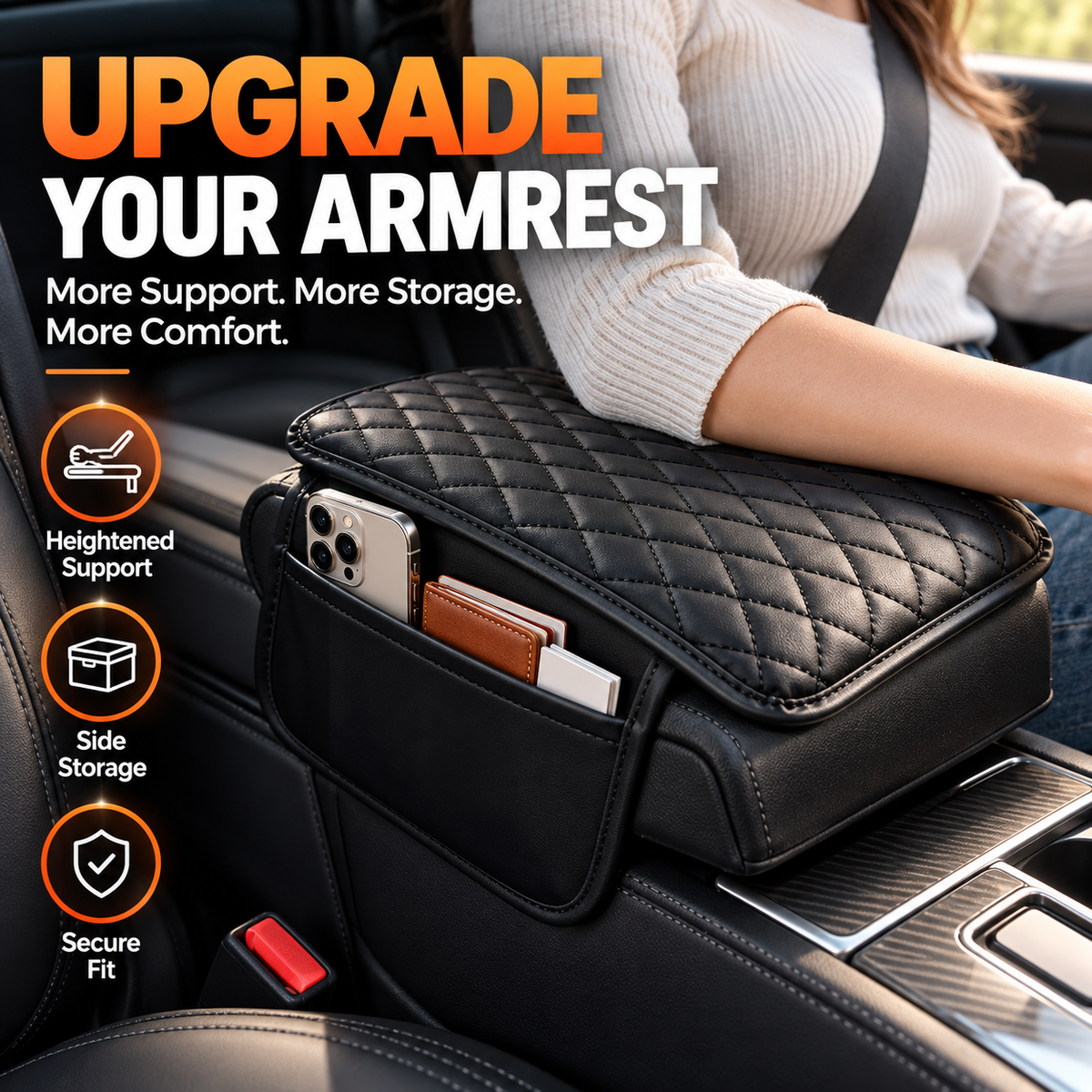 🚘 Car Center Console Armrest Riser – Padded Cushion with Side Storage & Non-Slip Base