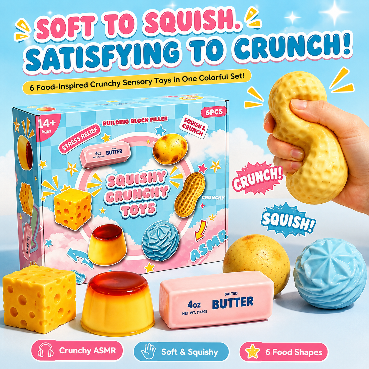 🔥 VIRAL-STYLE PICK | Soft to Squish, Satisfying to Crunch – 6-Piece Food Squishy Set