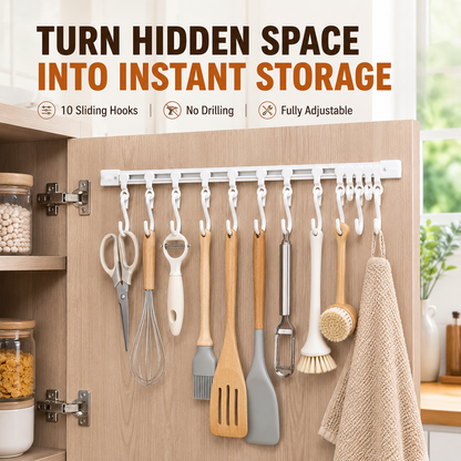 🧰 No-Drill Sliding Rail Hook Organizer – 10 Adjustable Cabinet Hooks