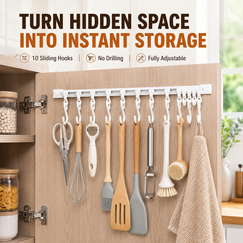 🧰 No-Drill Sliding Rail Hook Organizer – 10 Adjustable Cabinet Hooks