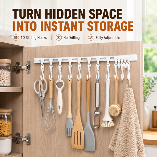 🧰 No-Drill Sliding Rail Hook Organizer – 10 Adjustable Cabinet Hooks
