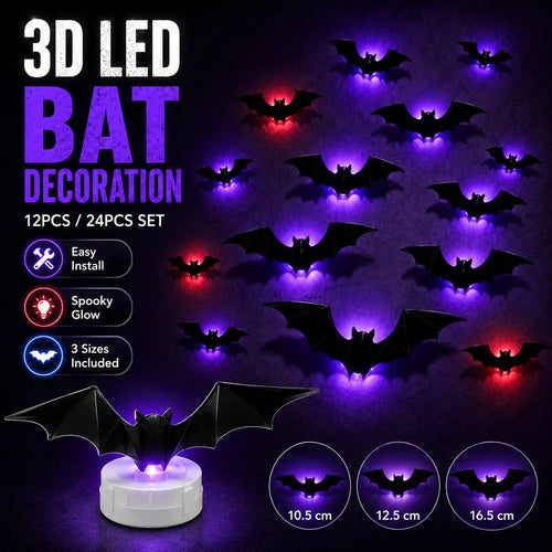 🔥 2026 Hot Sale 3D LED Bat Wall Decorations – 12/24PCS Light-Up Halloween Decor for Walls, Windows & Parties