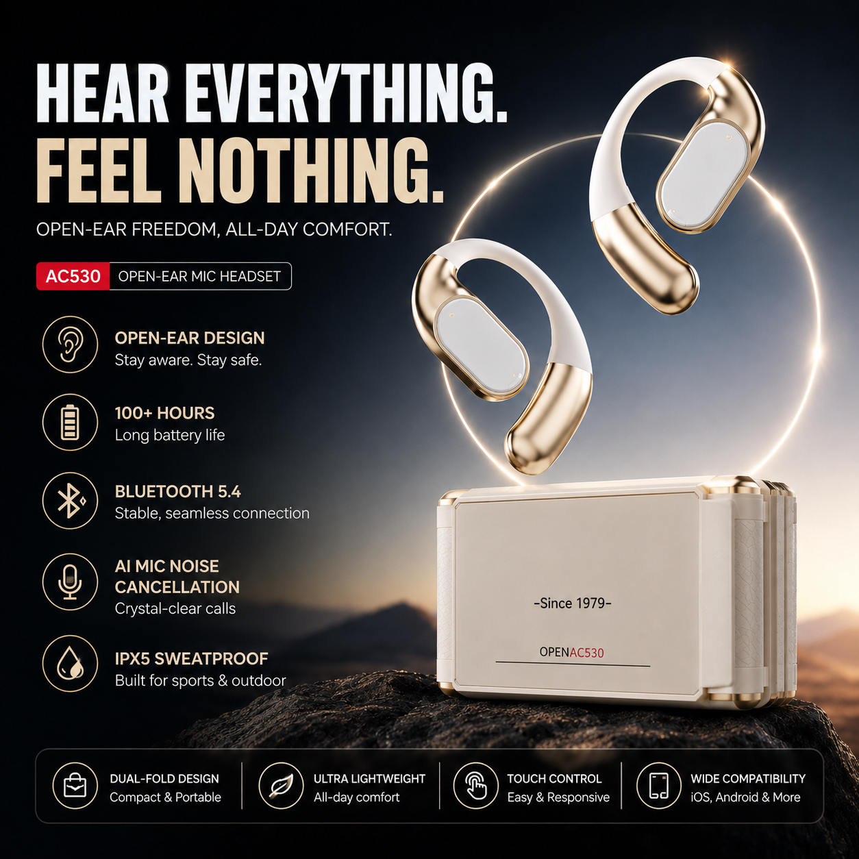 🎧 AC530 Open-Ear Headset | 165H Battery, Bluetooth 6.0, Ultra Comfort Wireless Earbuds