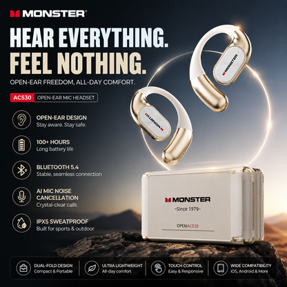 🎧 Monster AC530 Open-Ear Headset | 165H Battery, Bluetooth 6.0, Ultra Comfort Wireless Earbuds