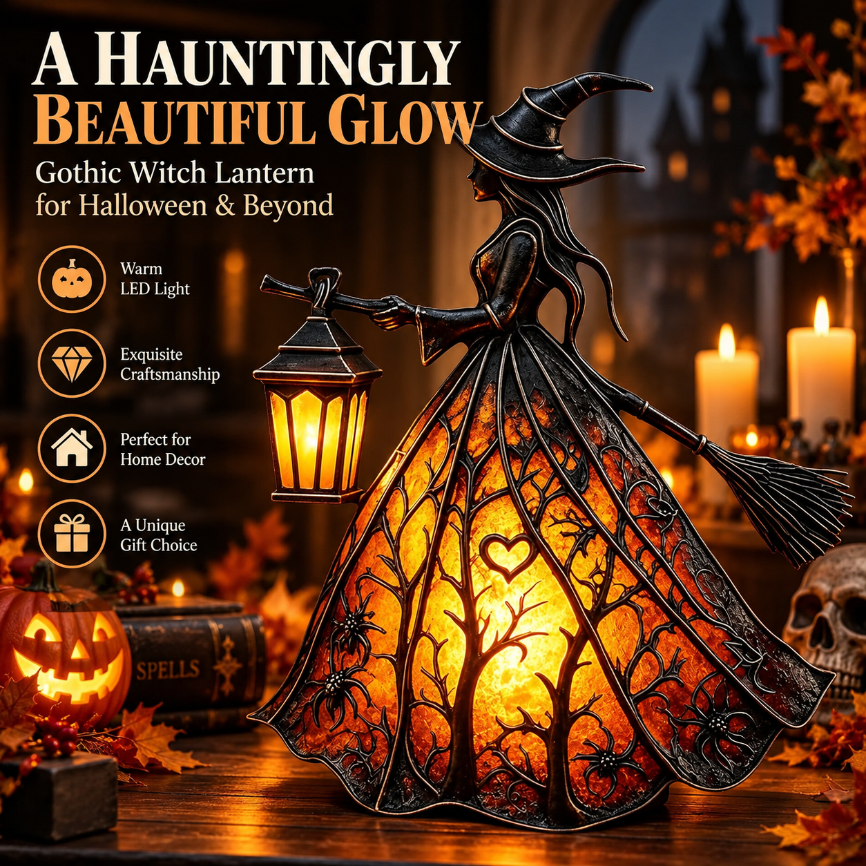 🧙‍♀️ HOT SALE | 7-Inch Lighted Gothic Witch Lantern – Warm LED Halloween Figurine for Mantel, Shelf & Table Decor