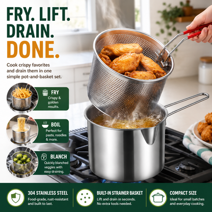 🍟 Personal Mini Deep Fryer Set – Stainless Steel Pot with Lift-Out Draining Basket & Food Tongs