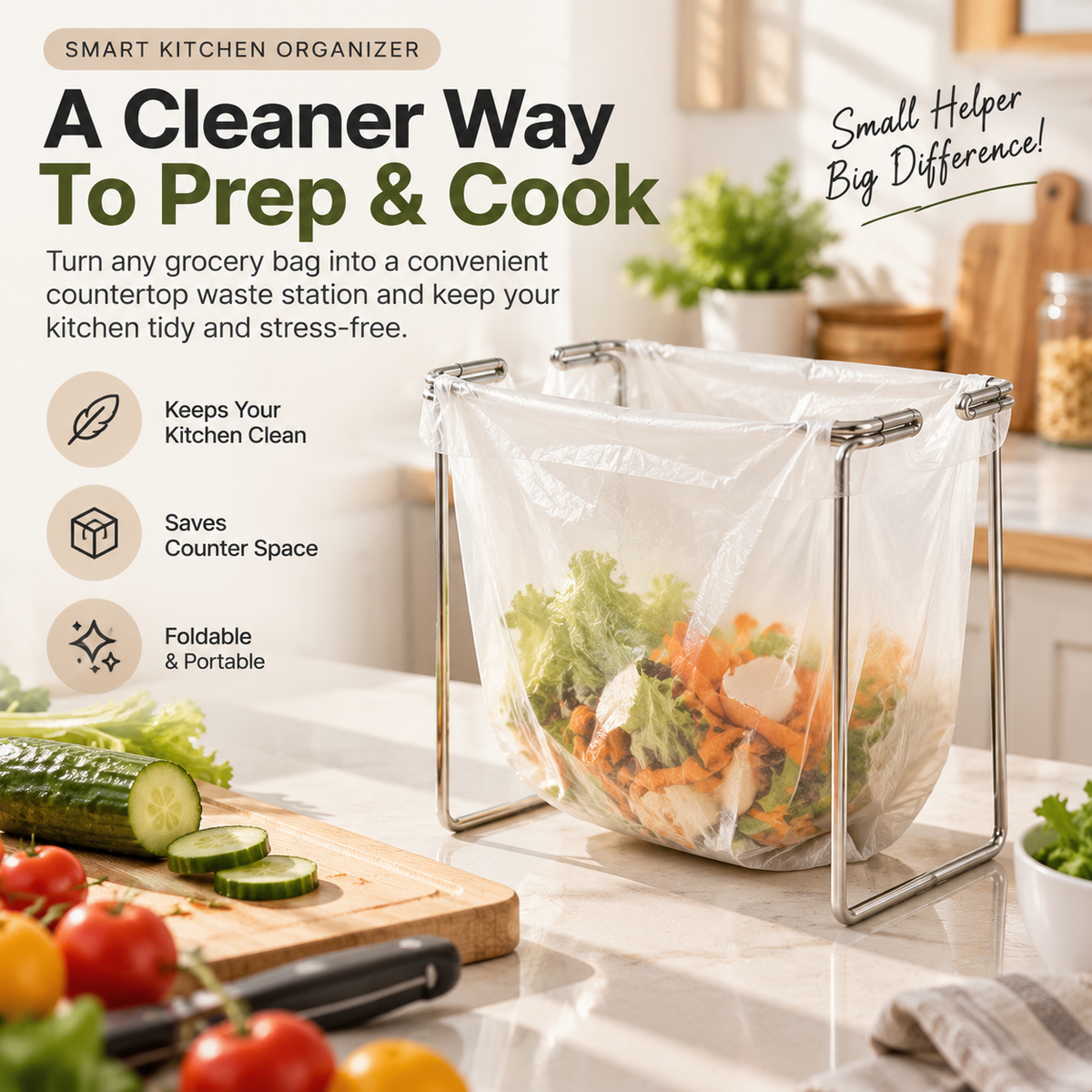 🗑️ HOT SALE | Foldable Countertop Trash Bag Holder – Stainless Steel Kitchen Waste Rack for Grocery Bags & Food Scraps