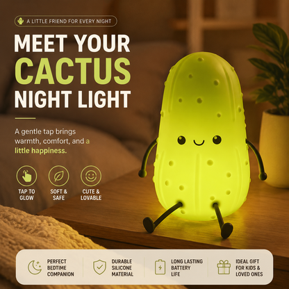 🌵 Cute Cactus Tap Night Light | Soft Silicone Bedside Lamp For Kids & Cozy Room Decor💡