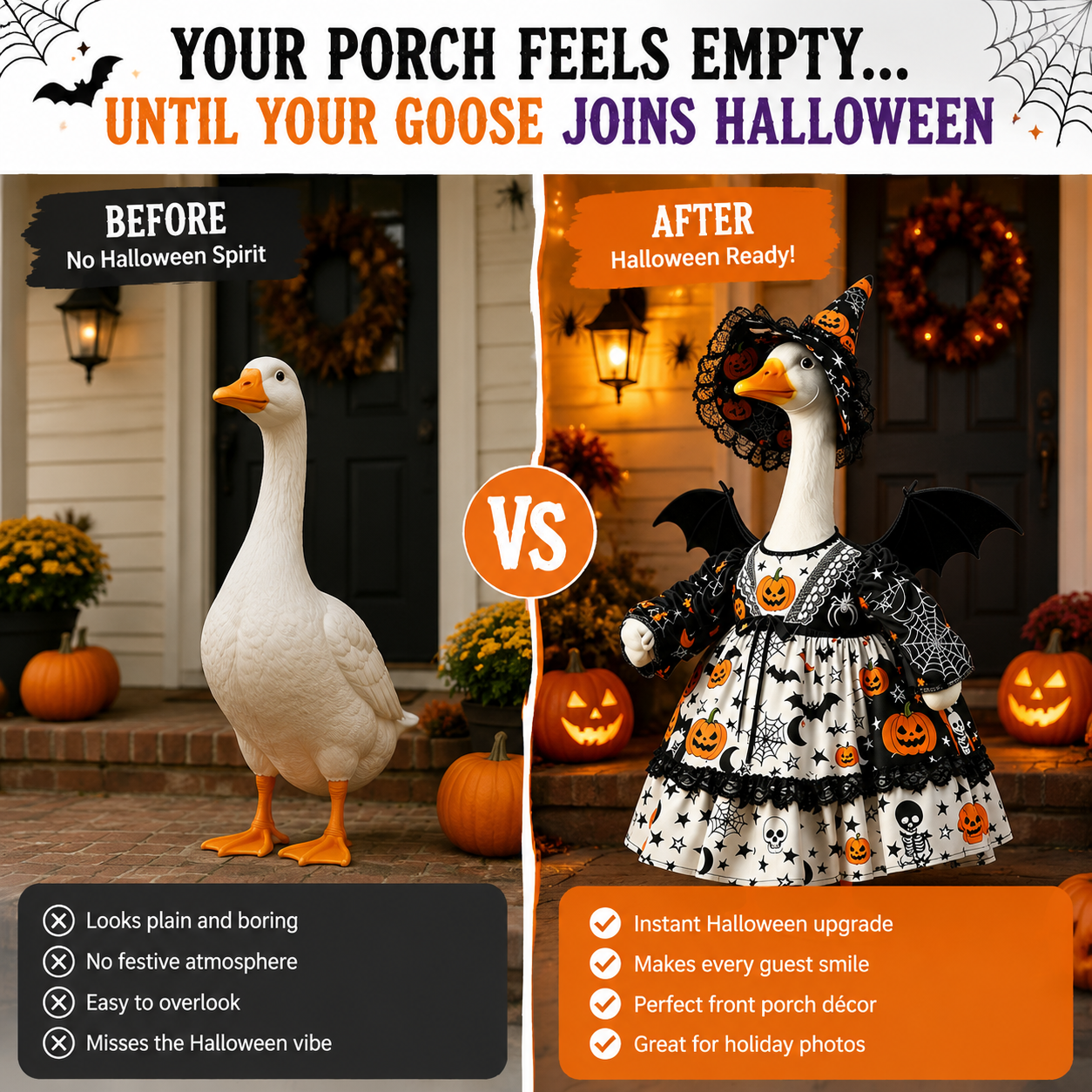🎃 Halloween Porch Goose Outfit – Witch Goose Costume with Hat & Wings for 23" Lawn Goose