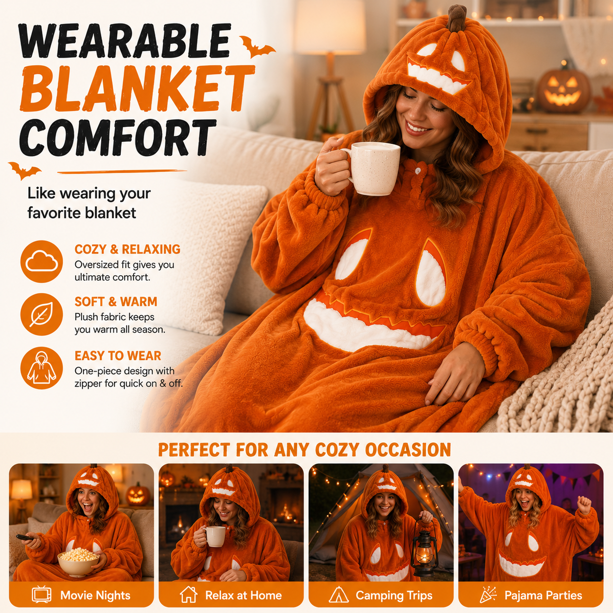🔥 55% OFF TODAY 🎃 Pumpkin Hooded Blanket Hoodie | Cozy Halloween Wearable Blanket