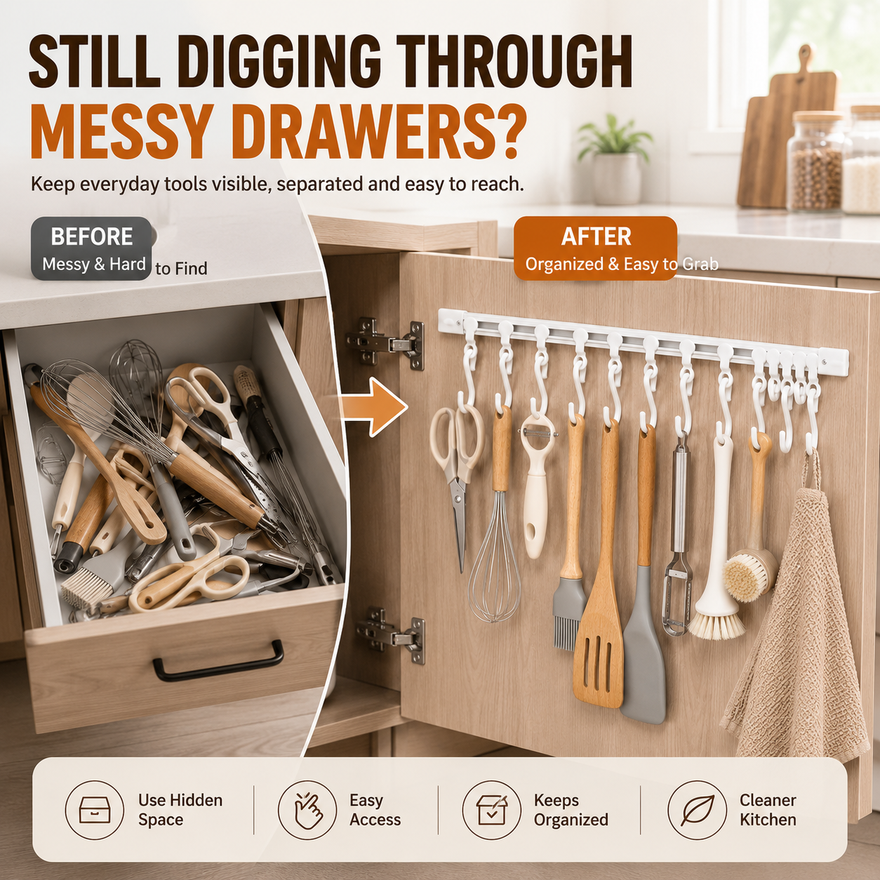 🧰 No-Drill Sliding Rail Hook Organizer – 10 Adjustable Cabinet Hooks