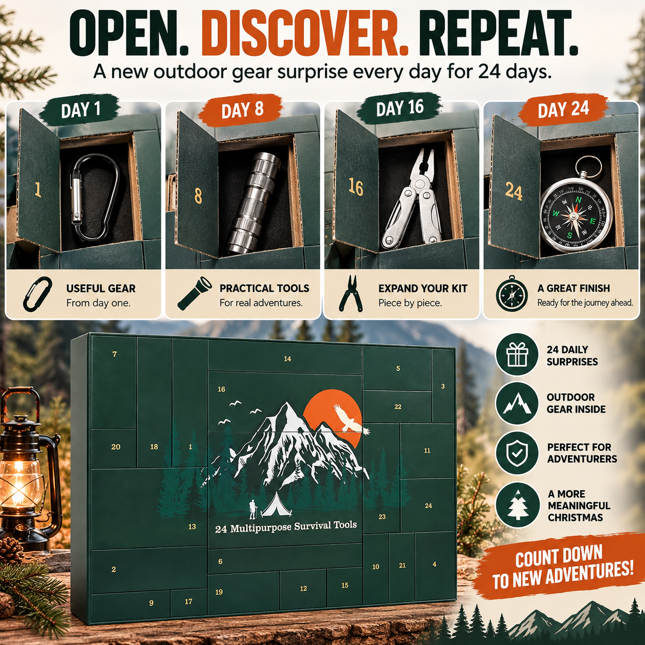 🏕️ OUTDOOR LOVER FAVORITE | 24-Piece Camping Gear Advent Calendar – Christmas Countdown Gift for Adults