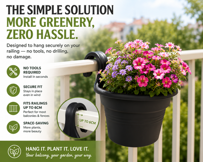 Balcony Hanging Planter – No Tools Rail Flower Pot | Space-Saving Garden Pot