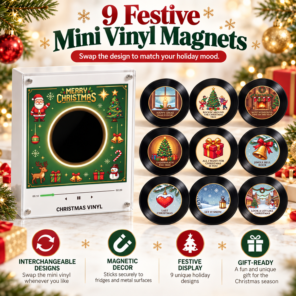 Christmas Music Fridge Decor 🎄 Interactive Mini Record Player with 9 Holiday Records