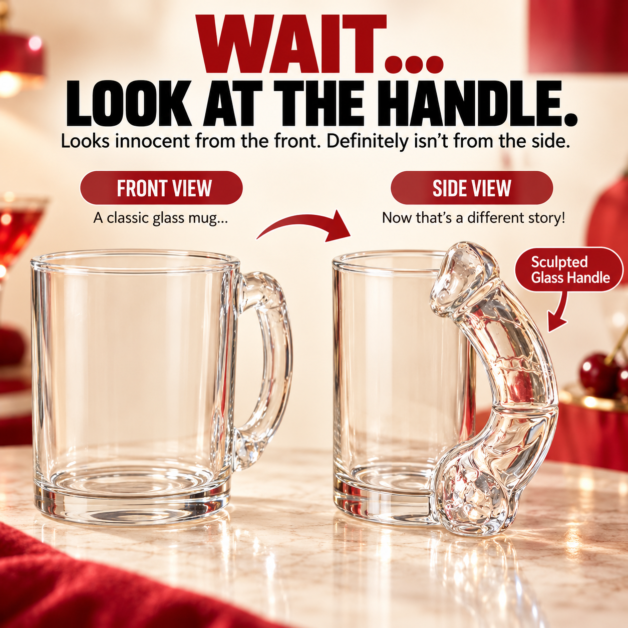 🍸 HOT SALE | Funny Novelty Glass Mug – Cheeky Sculpted Handle Drinking Glass for Parties, Birthdays & Gifts