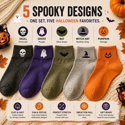 🎁 HALLOWEEN GIFT SALE | 5-Pair Cute Spooky Embroidered Socks