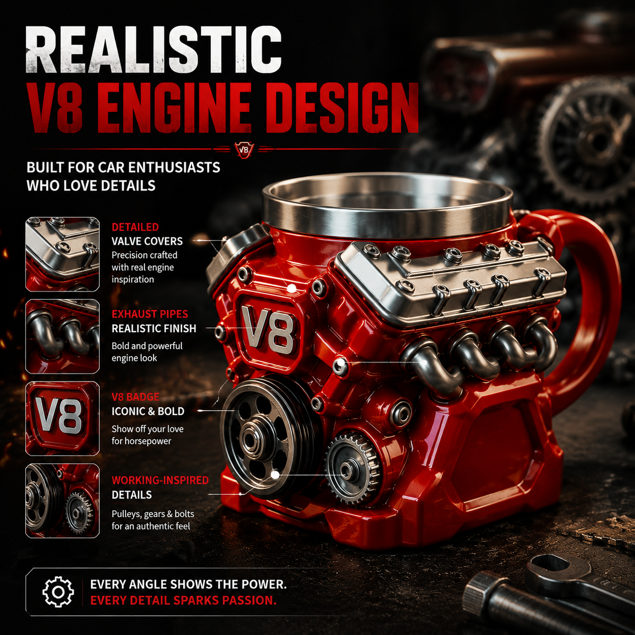 V8 Engine Coffee Mug – Unique Engine Shaped Coffee Mug for Car Lovers Gift