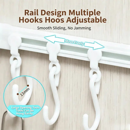 🧰 No-Drill Sliding Rail Hook Organizer – 10 Adjustable Cabinet Hooks