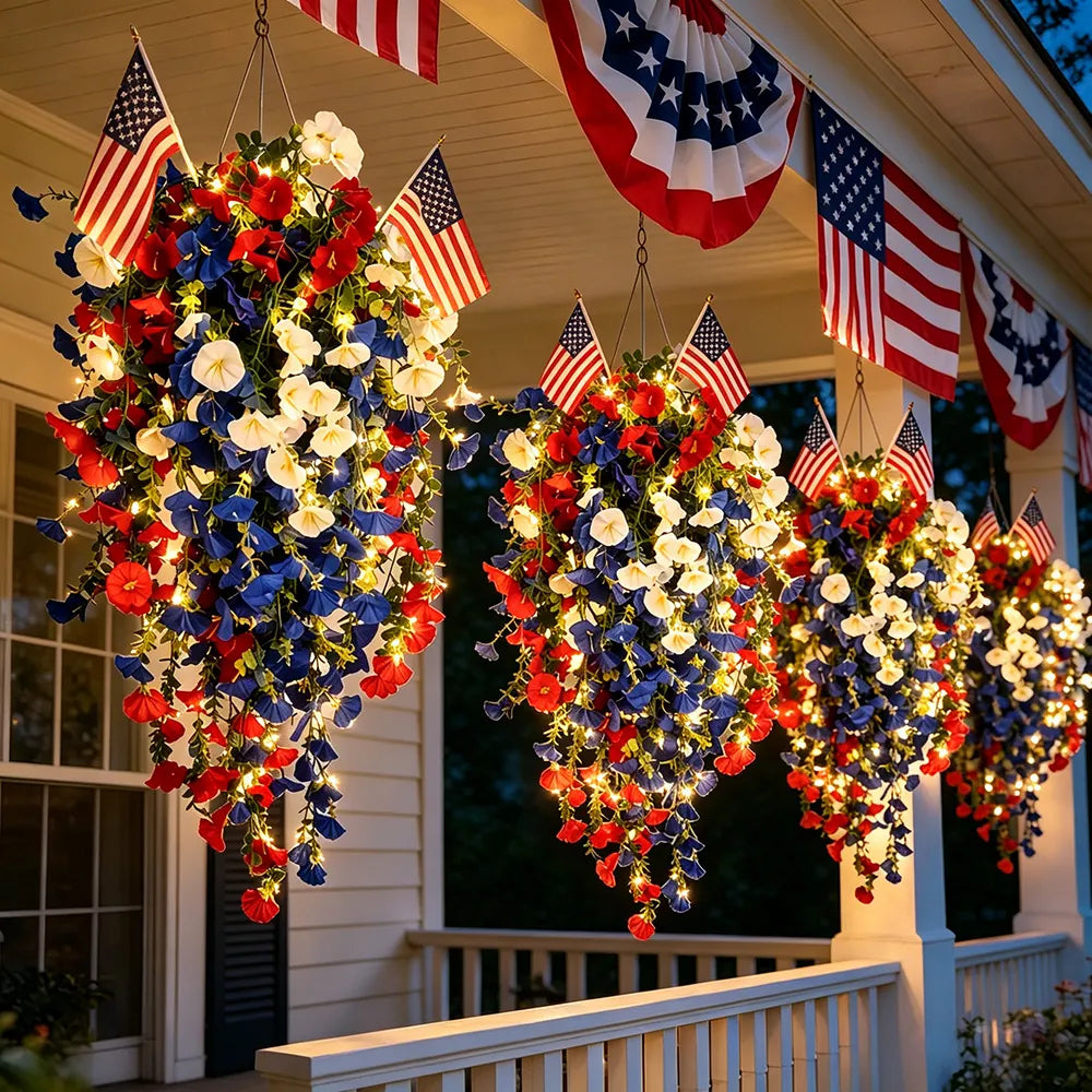 America 250th Anniversary Patriotic Hanging Flowers With LED Lights
