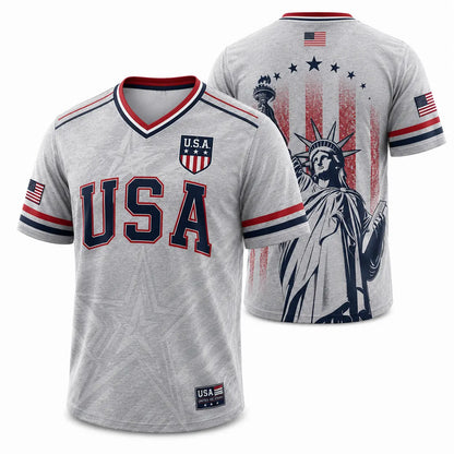 USA Soccer Jersey Men Women Navy Patriotic American Flag Football Shirt Statue of Liberty Graphic V Neck Sports Tee Red White Blue Stars Stripes Short Sleeve Athletic Top 4th of July Independence Day Fan ApparelUSA Soccer Jersey Men Women Navy Patriotic A