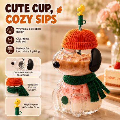 🥤 FALL FAVORITE   | Cute Character Cold Cup – 3D Glass Tumbler with Straw for Iced Coffee, Matcha & Cold Drinks