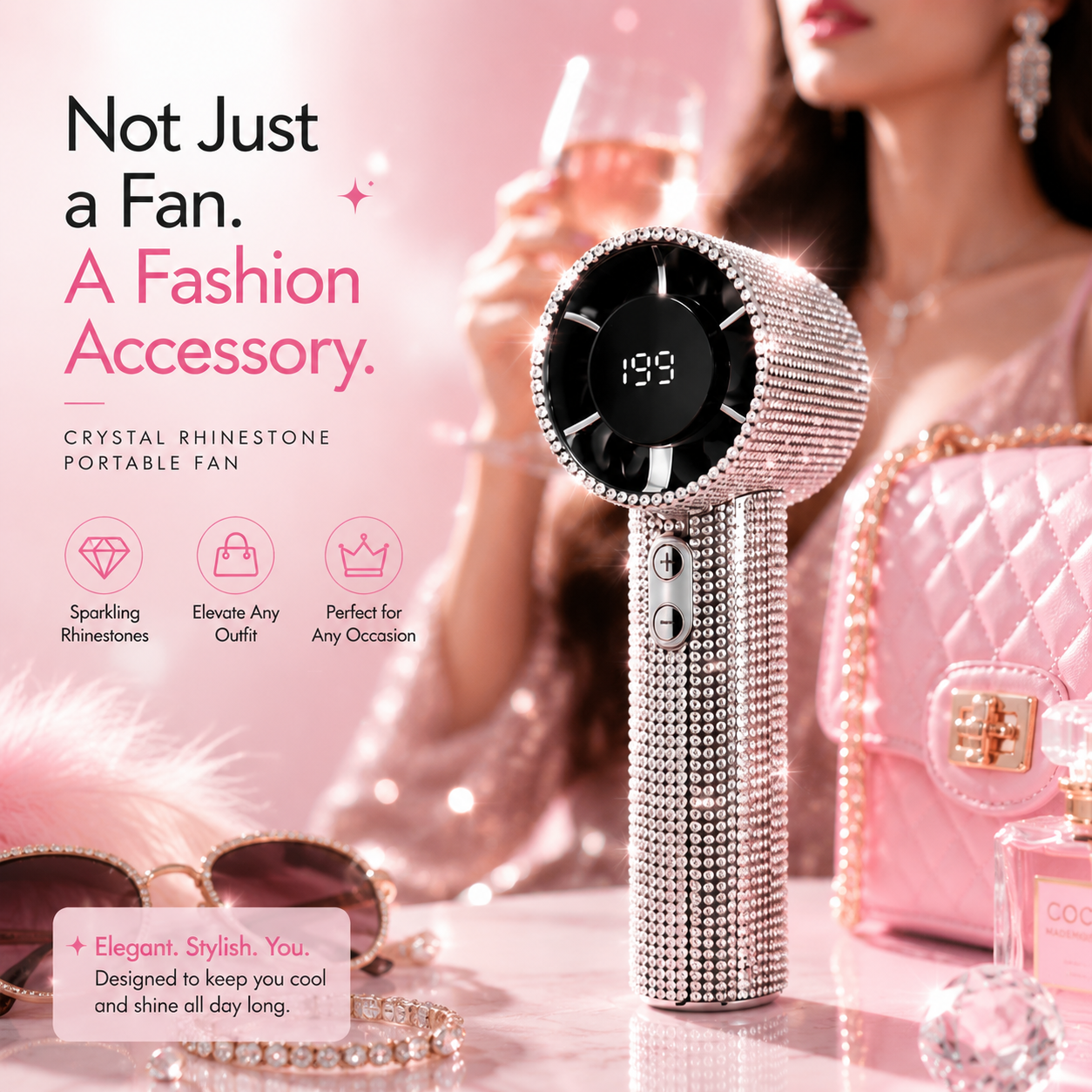 Crystal Rhinestone Portable Fan – 199-Speed Rechargeable Handheld Cooling Fan