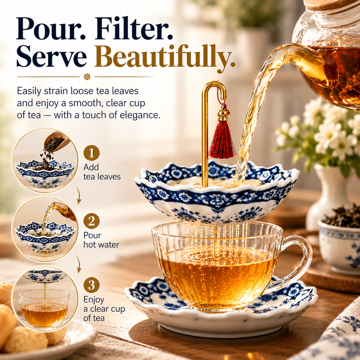 🍵 Ceramic Tea Strainer with Saucer – Blue & White Umbrella Loose Leaf Tea Filter