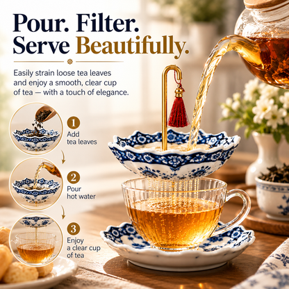 🍵 Ceramic Tea Strainer with Saucer – Blue & White Umbrella Loose Leaf Tea Filter