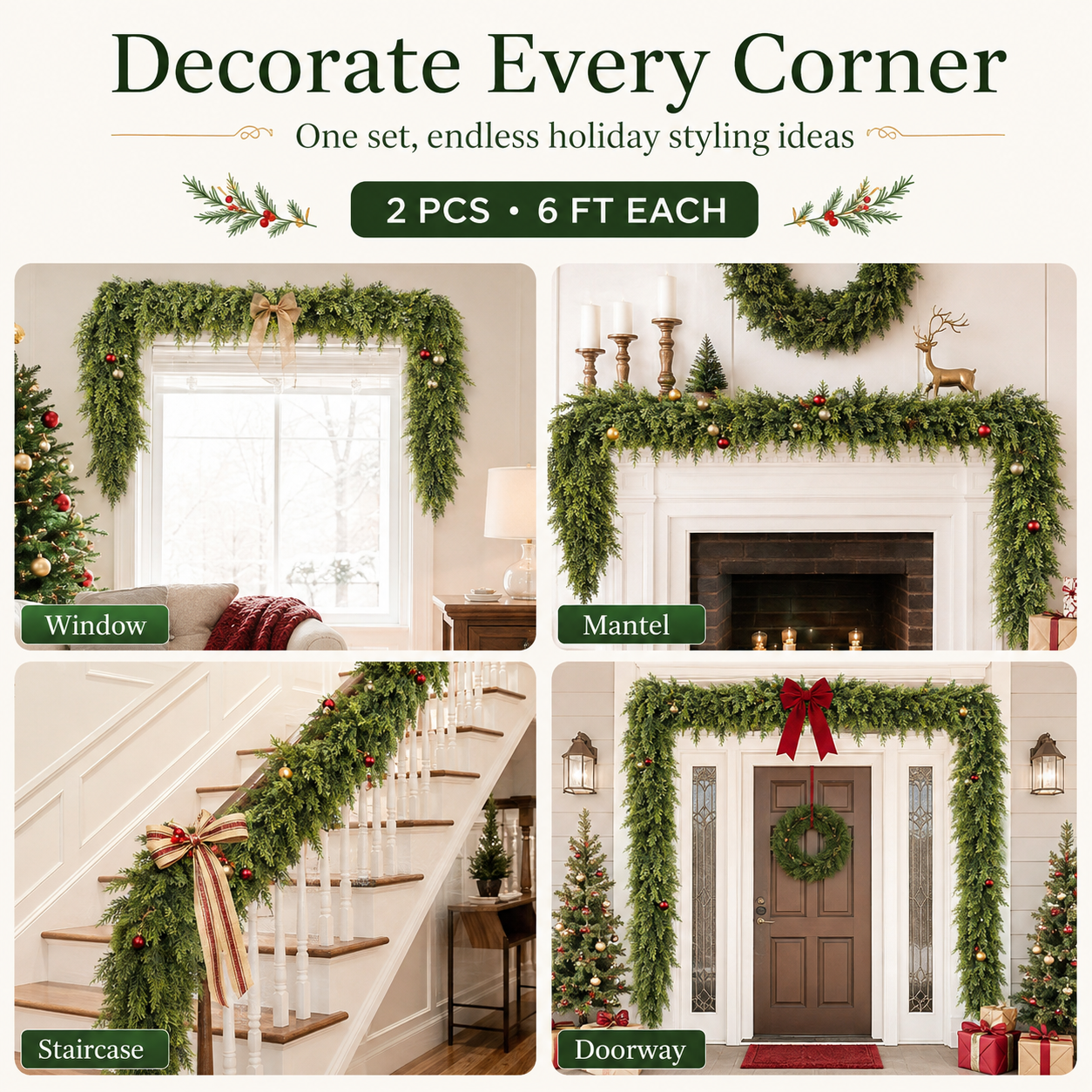 🏠 CHRISTMAS FAVORITE | Artificial Cedar Garland 2-Pack – 6 FT Faux Greenery for Mantels, Tables, Stairs & Walls