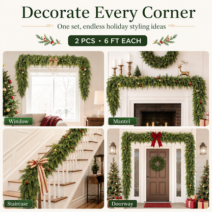 🏠 CHRISTMAS FAVORITE | Artificial Cedar Garland 2-Pack – 6 FT Faux Greenery for Mantels, Tables, Stairs & Walls