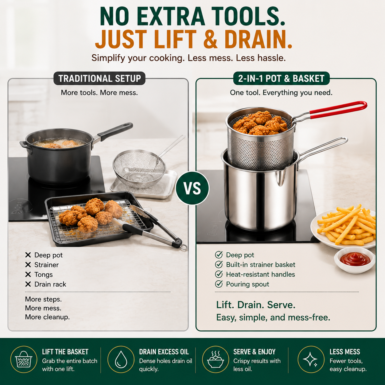 🍟 Personal Mini Deep Fryer Set – Stainless Steel Pot with Lift-Out Draining Basket & Food Tongs