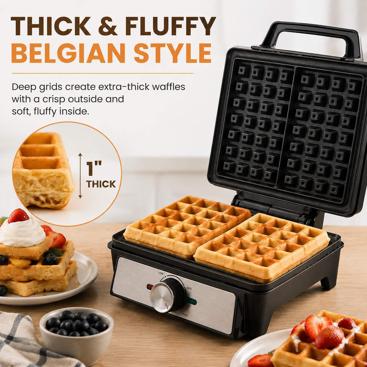 🧇 Belgian Waffle Maker | Thick Crispy Homemade Waffles With Non-Stick Plates
