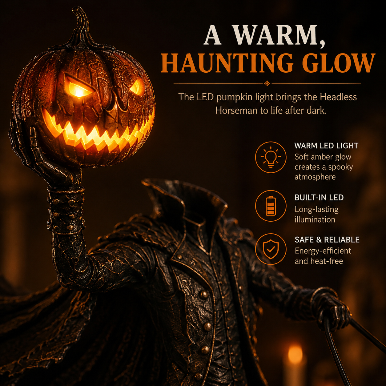 🎃 HOT SALE | Lighted Headless Horseman Statue – LED Pumpkin Halloween Decor for Mantel, Desk & Home