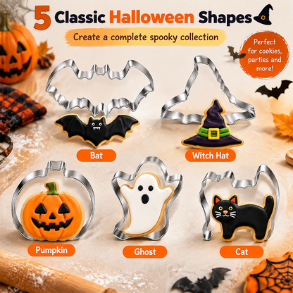 🎃 HOT SALE | 5-Piece Halloween Cookie Cutter Set – Stainless Steel Bat, Pumpkin, Ghost, Cat & Witch Hat Shapes