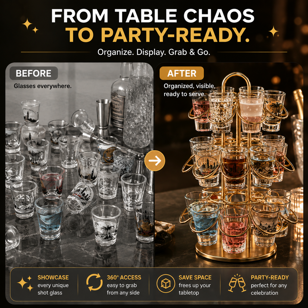 🎉 PARTY FAVORITE | Rotating Shot Glass Display Tower – 3-Tier 360° Holder for Home Bar & Entertaining