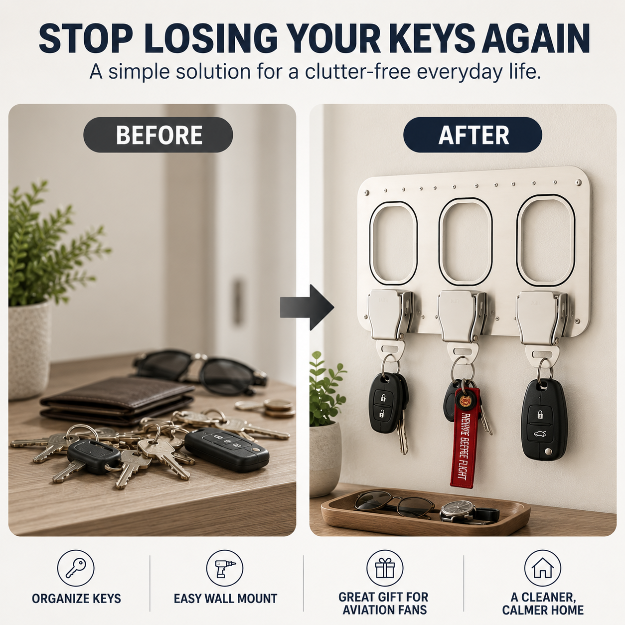 ✈️ Aviation Style Key Holder – Buckle-Inspired Wall Mounted Key Organizer for Entryway & Home