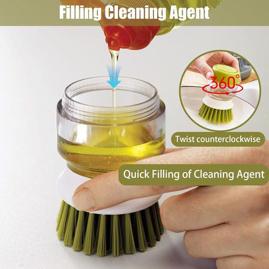 🧼 Soap Dispensing Palm Brush – Refillable Dish Scrubber With Drainage Stand