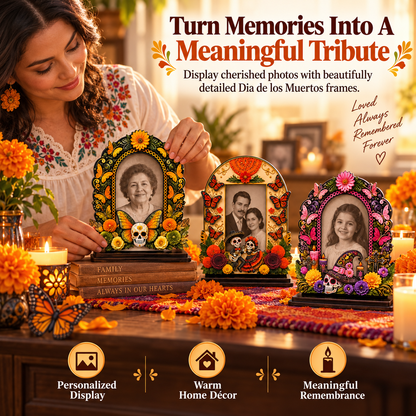 💀 DAY OF THE DEAD DECOR | 6 Wooden Memorial Photo Frames – Colorful Ofrenda Picture Frame Set with Floral Details