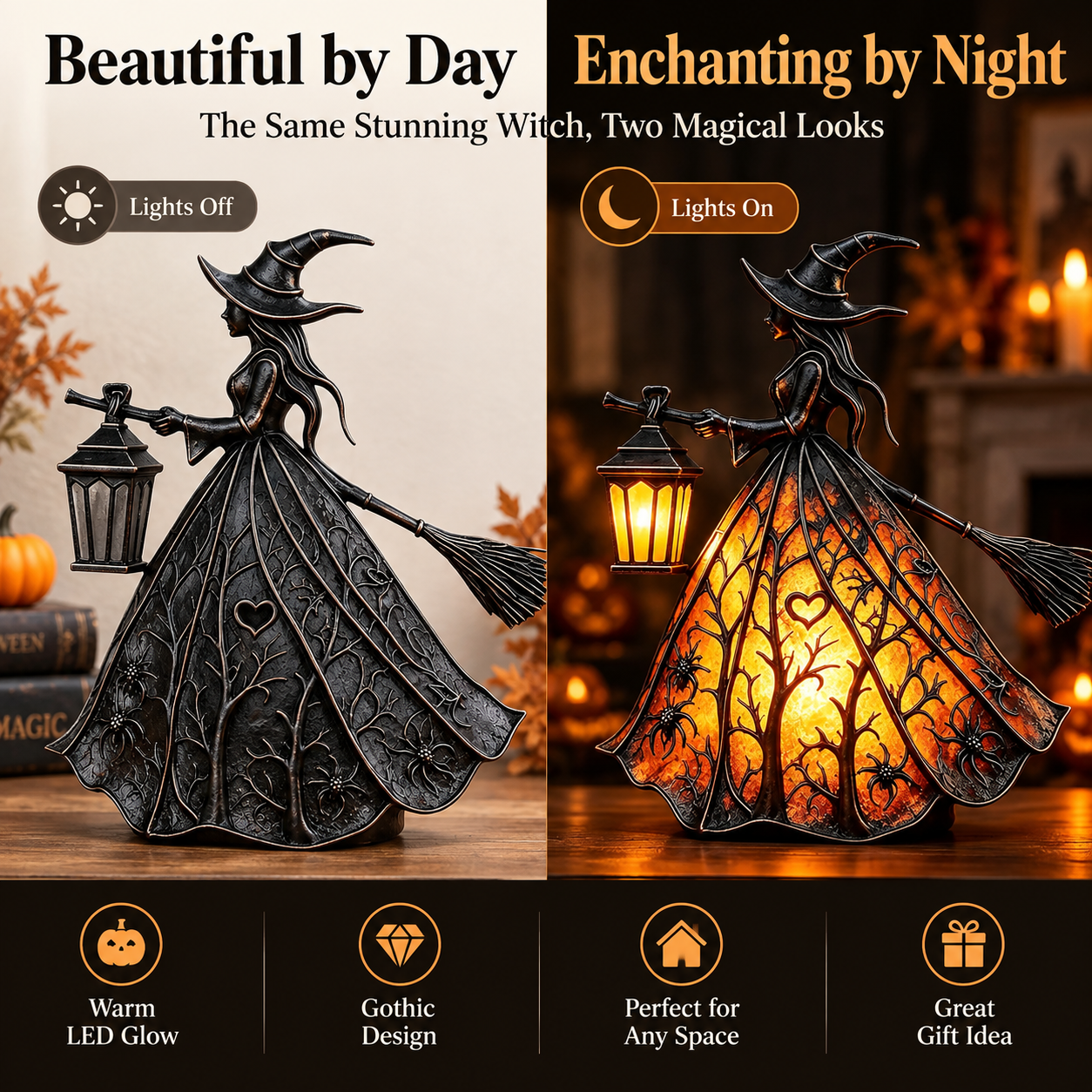 🧙‍♀️ HOT SALE | 7-Inch Lighted Gothic Witch Lantern – Warm LED Halloween Figurine for Mantel, Shelf & Table Decor