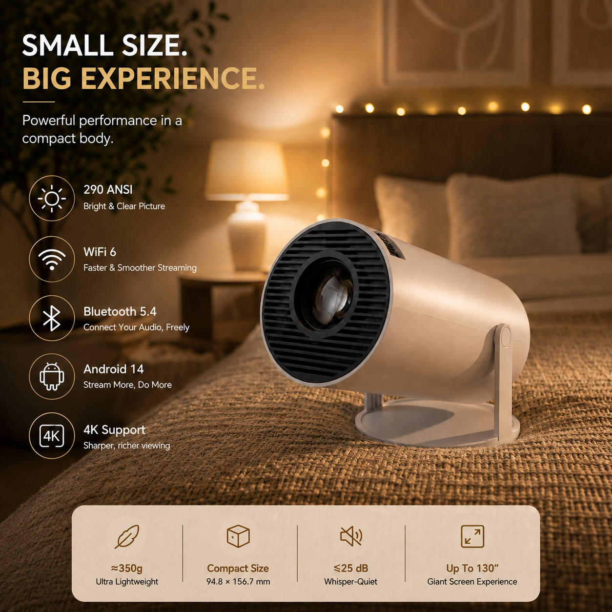 Smart Reading Projector – 4K Support, WiFi 6 & Up to 130″ Screen 📚✨
