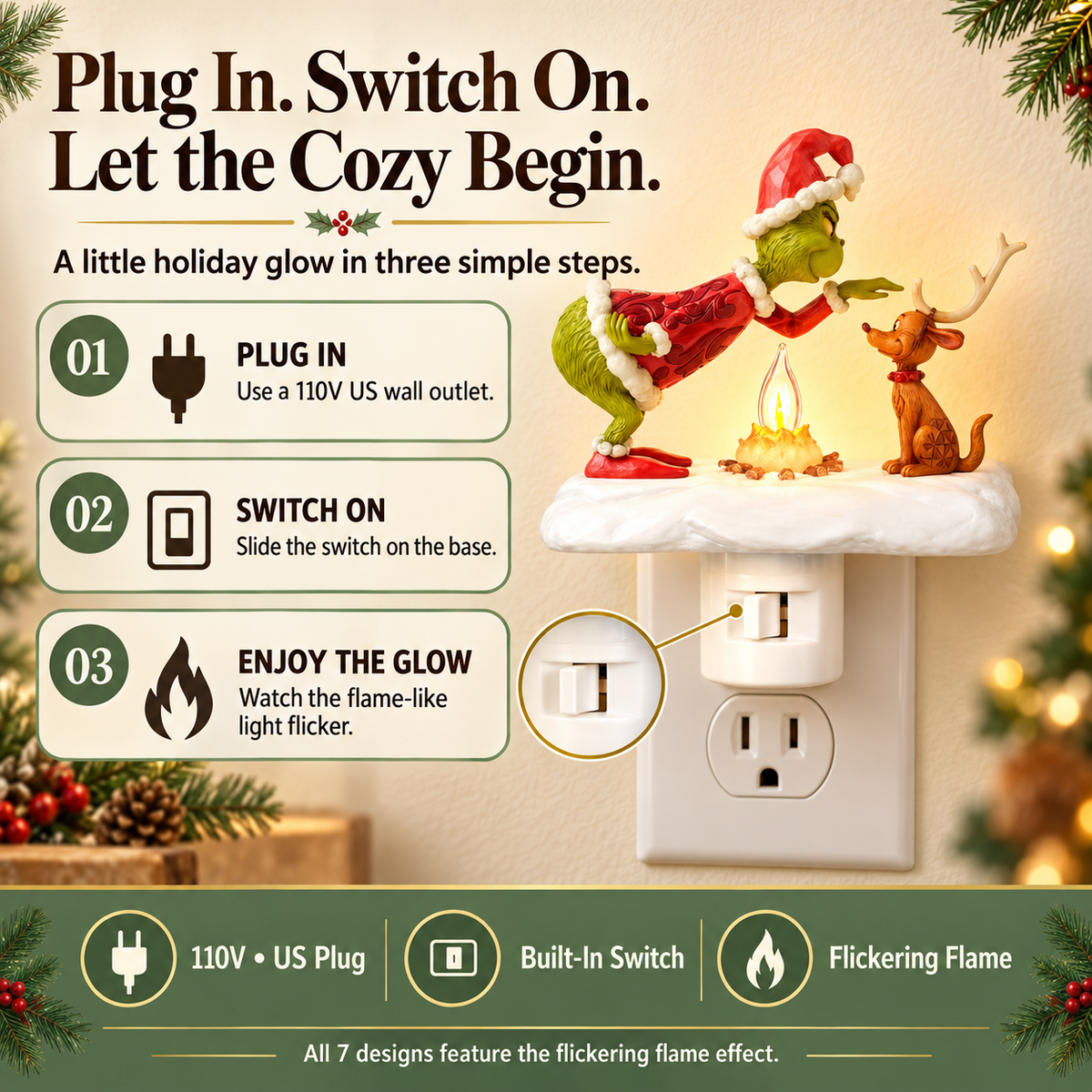 Flickering Campfire Plug-In Night Light – 7 Charming Holiday Designs