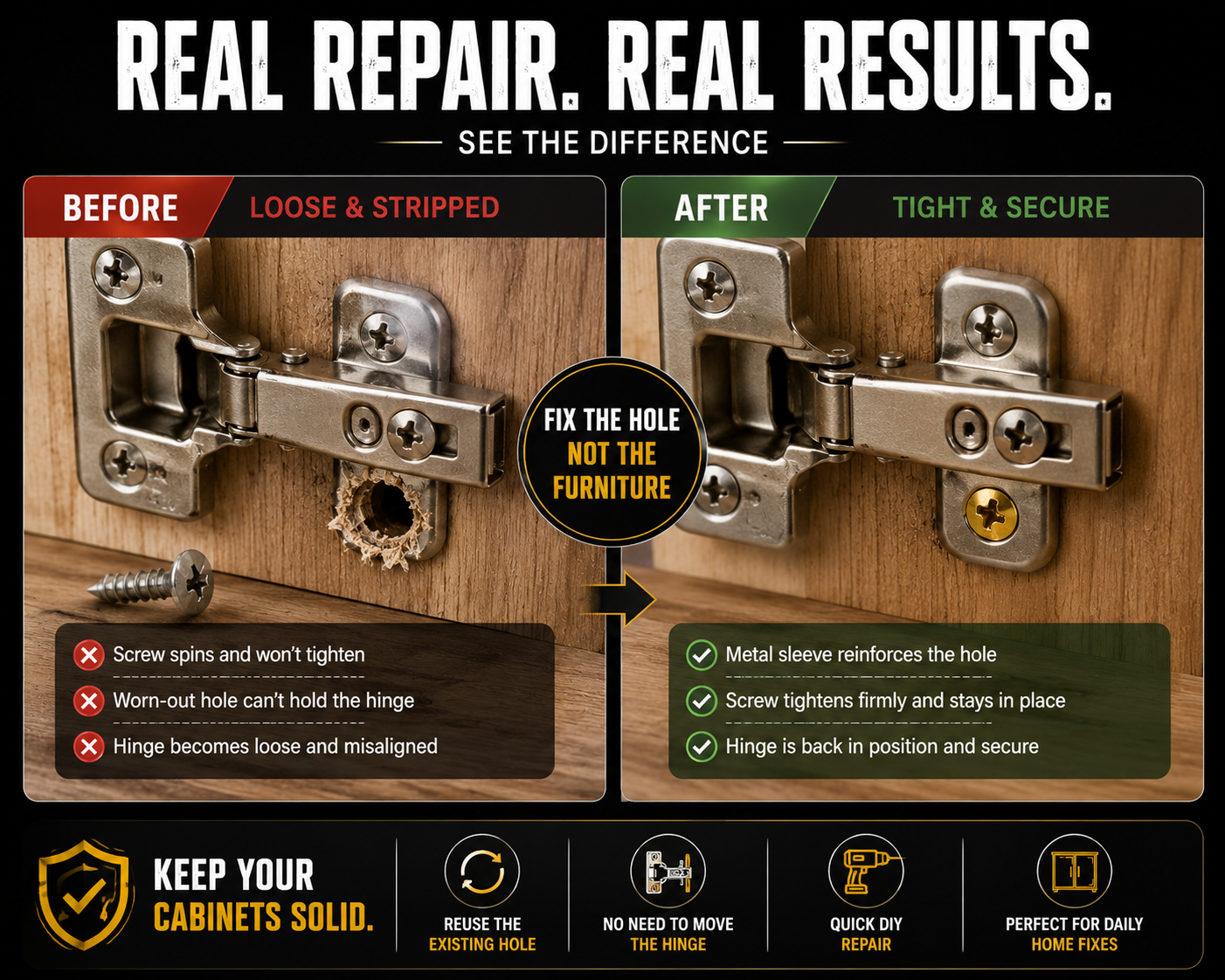 🔩 Stripped Screw Hole Repair Anchors  Restore loose cabinet hinges without moving or replacing them.